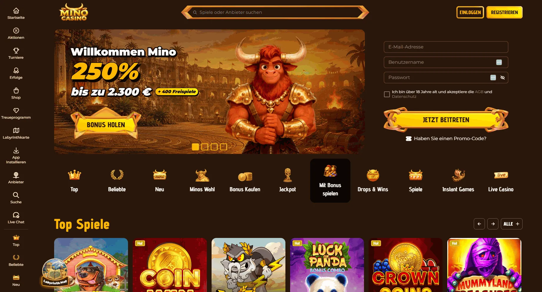 MinoCasino EU online casino homepage