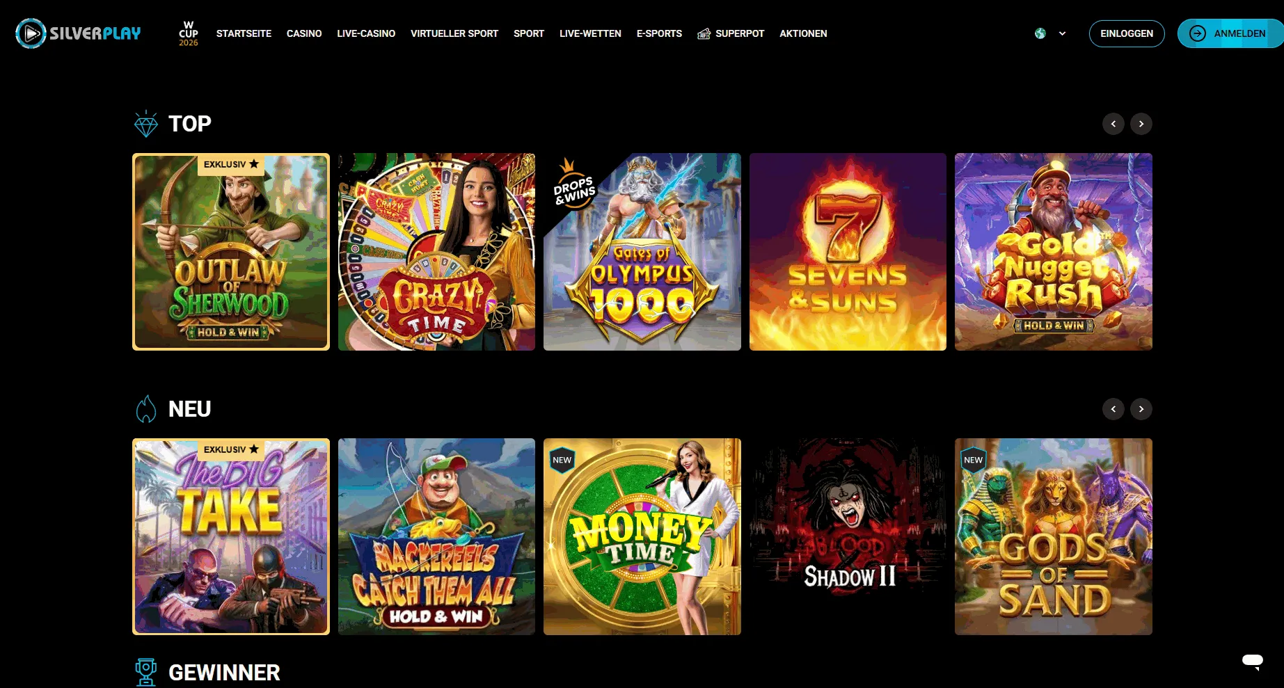 Silverplay EU online casino homepage